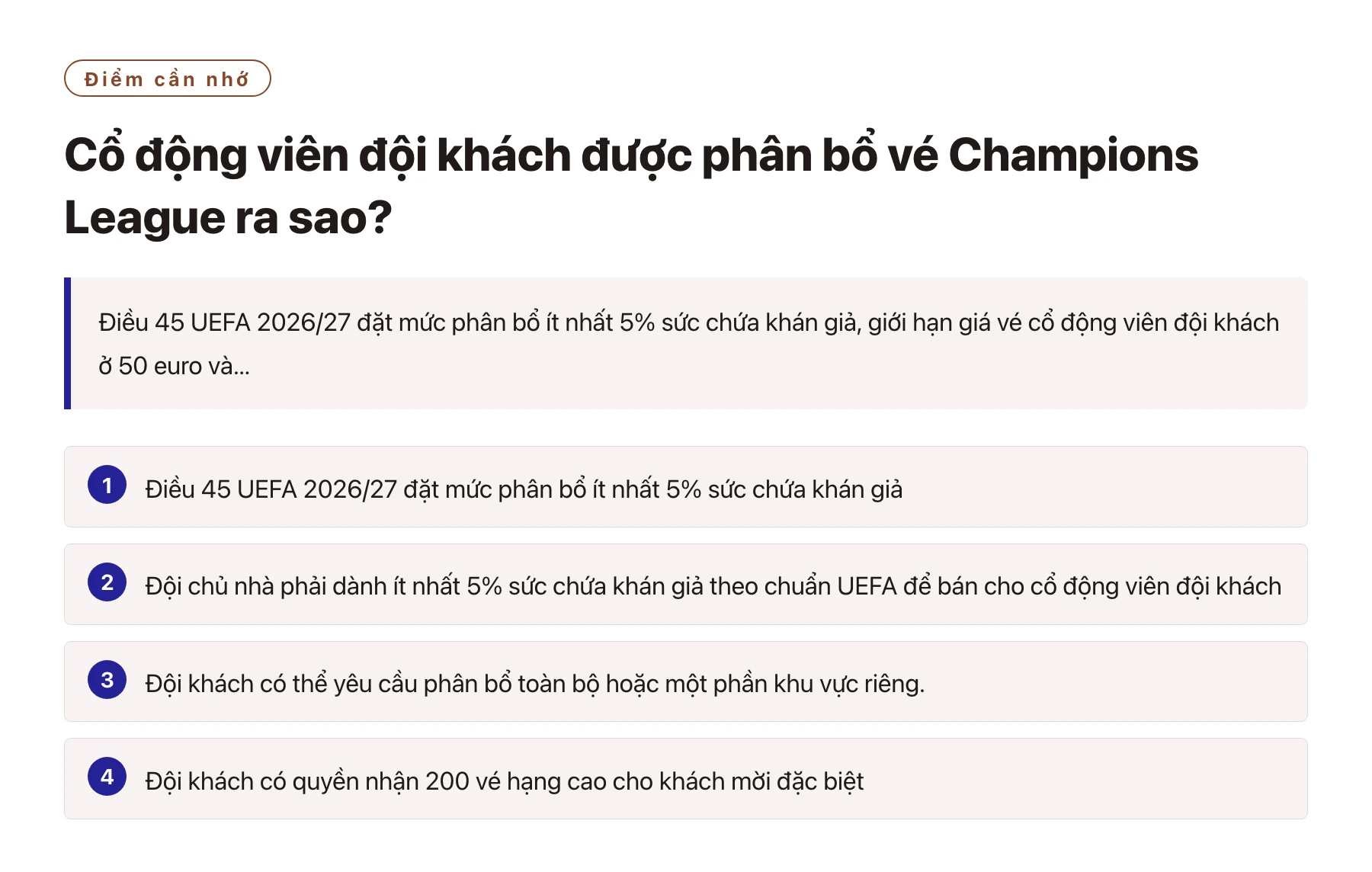 Cổ động viên đội khách được phân bổ vé Champions League ra sao?——全文要点速览